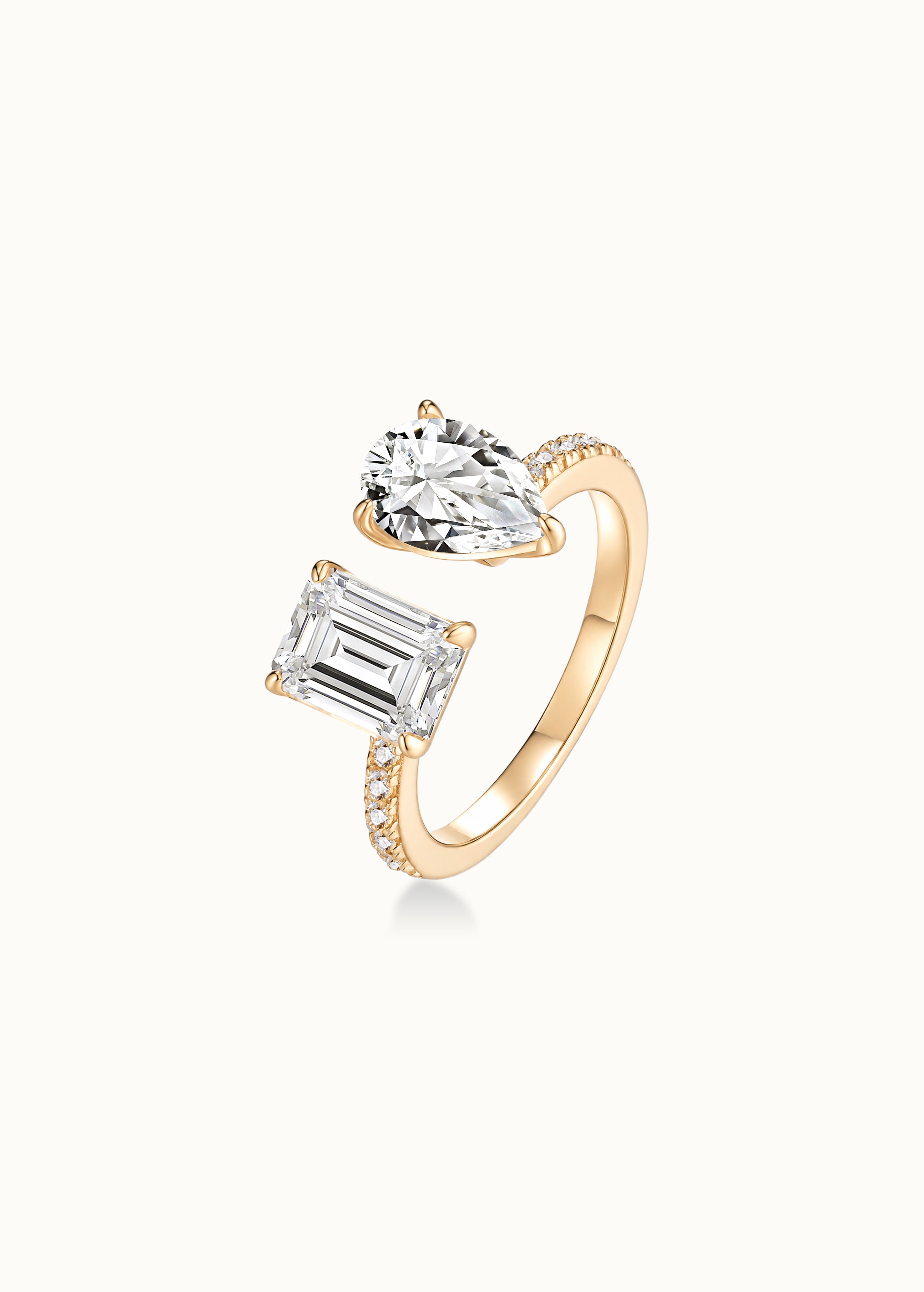 24 Hours 3.7ct Toi & Moi Emerald Cut and Pear Cut Ring