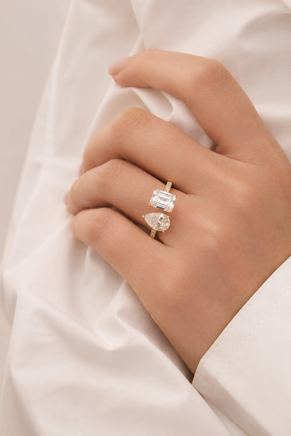 24 Hours 3.7ct Toi & Moi Emerald Cut and Pear Cut Ring