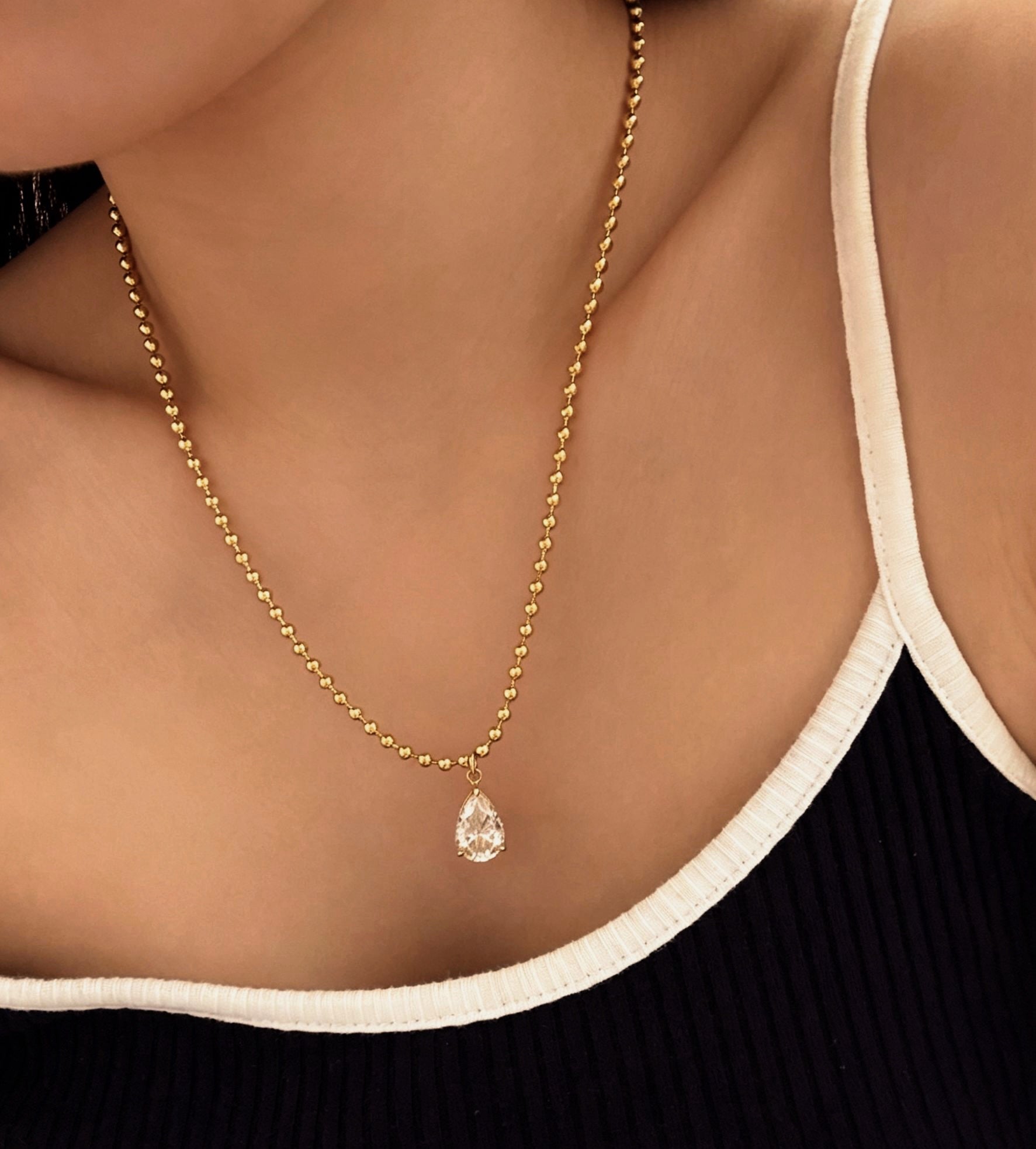 24 Hours 3mm Beaded Chain Pear Pendant Necklace