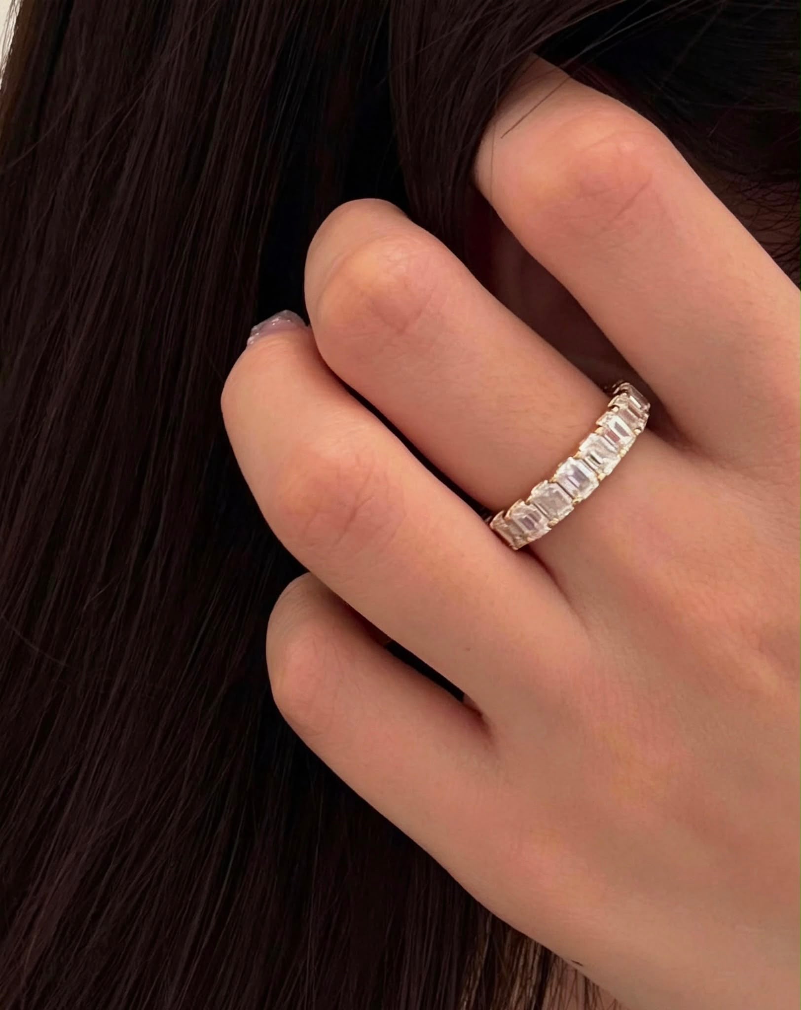 24 Hours Emerald Cut Claw Set Moissanite Full Eternity Ring 6.3ct