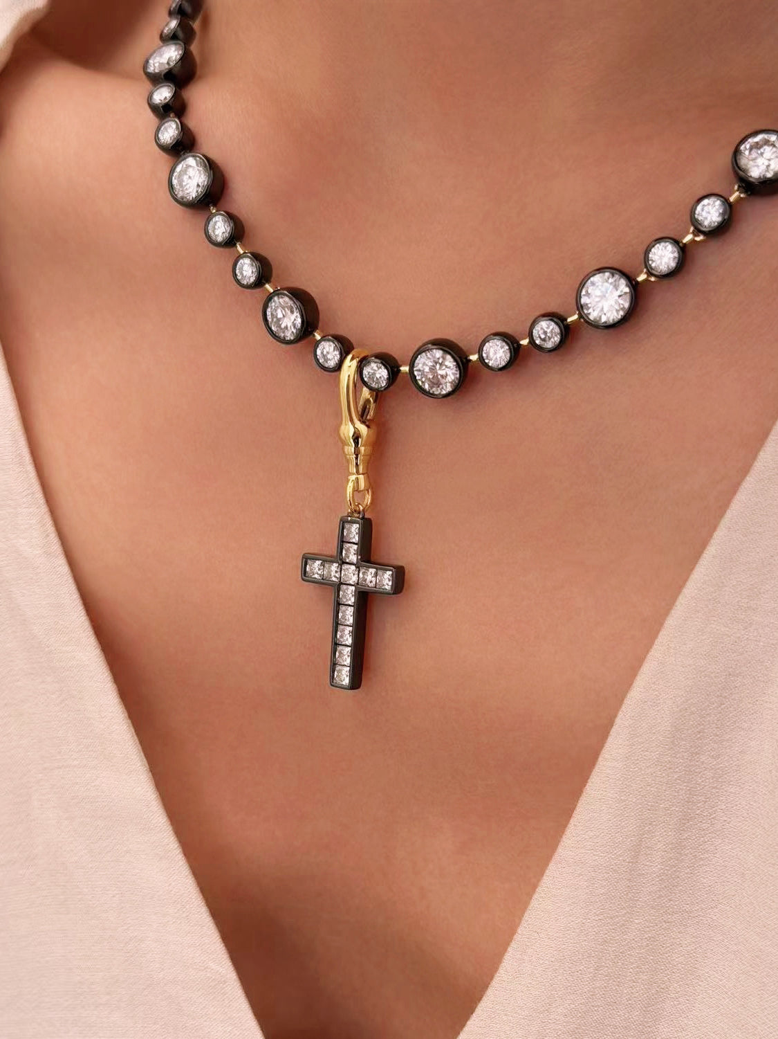 Archive Flow Blackened Moissanite Cross Clip-On Pendant 1.45ct
