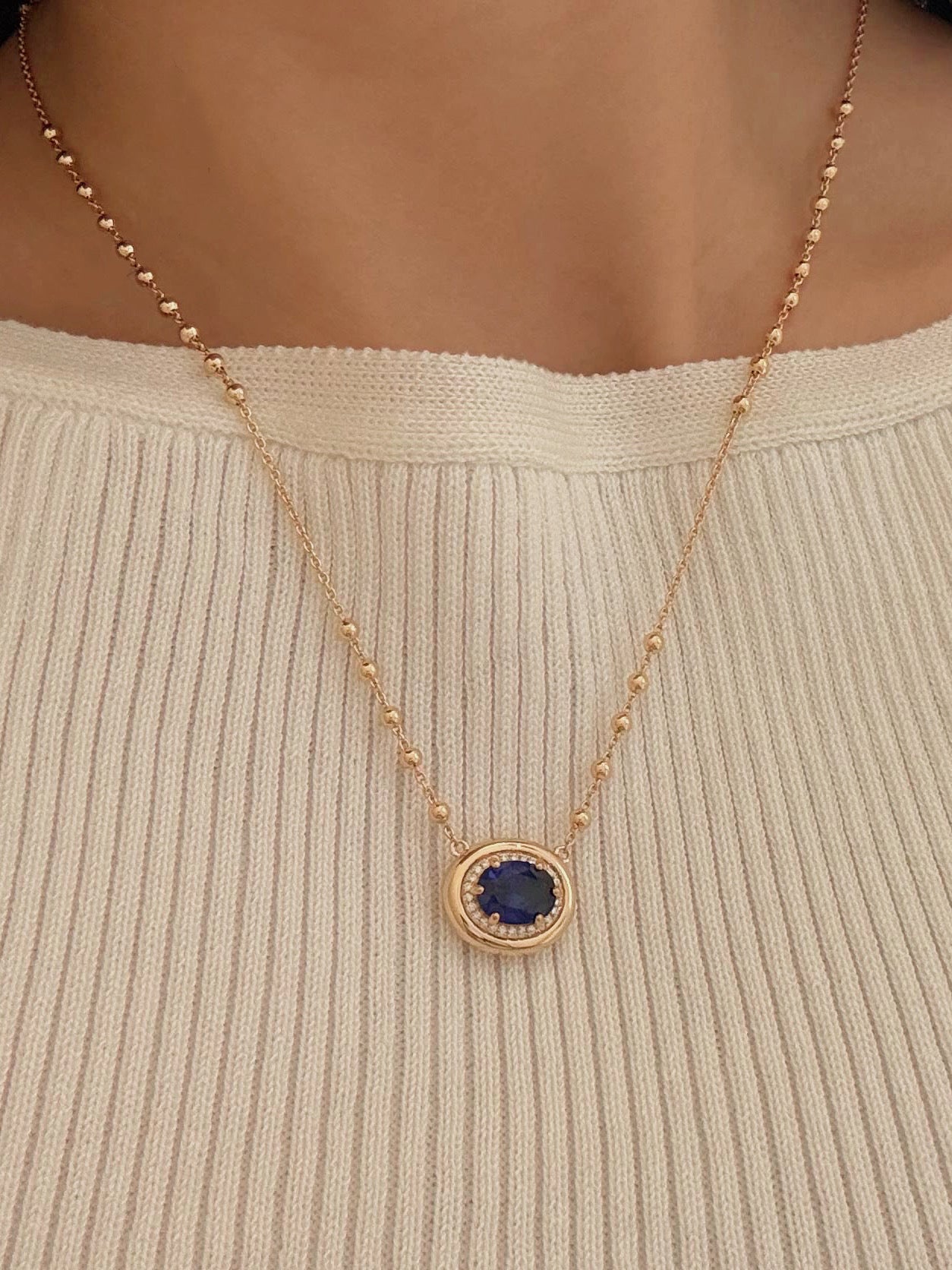 24 Hours Lab-grown Sapphire Pendent Beaded Chain Necklace 2.6ct