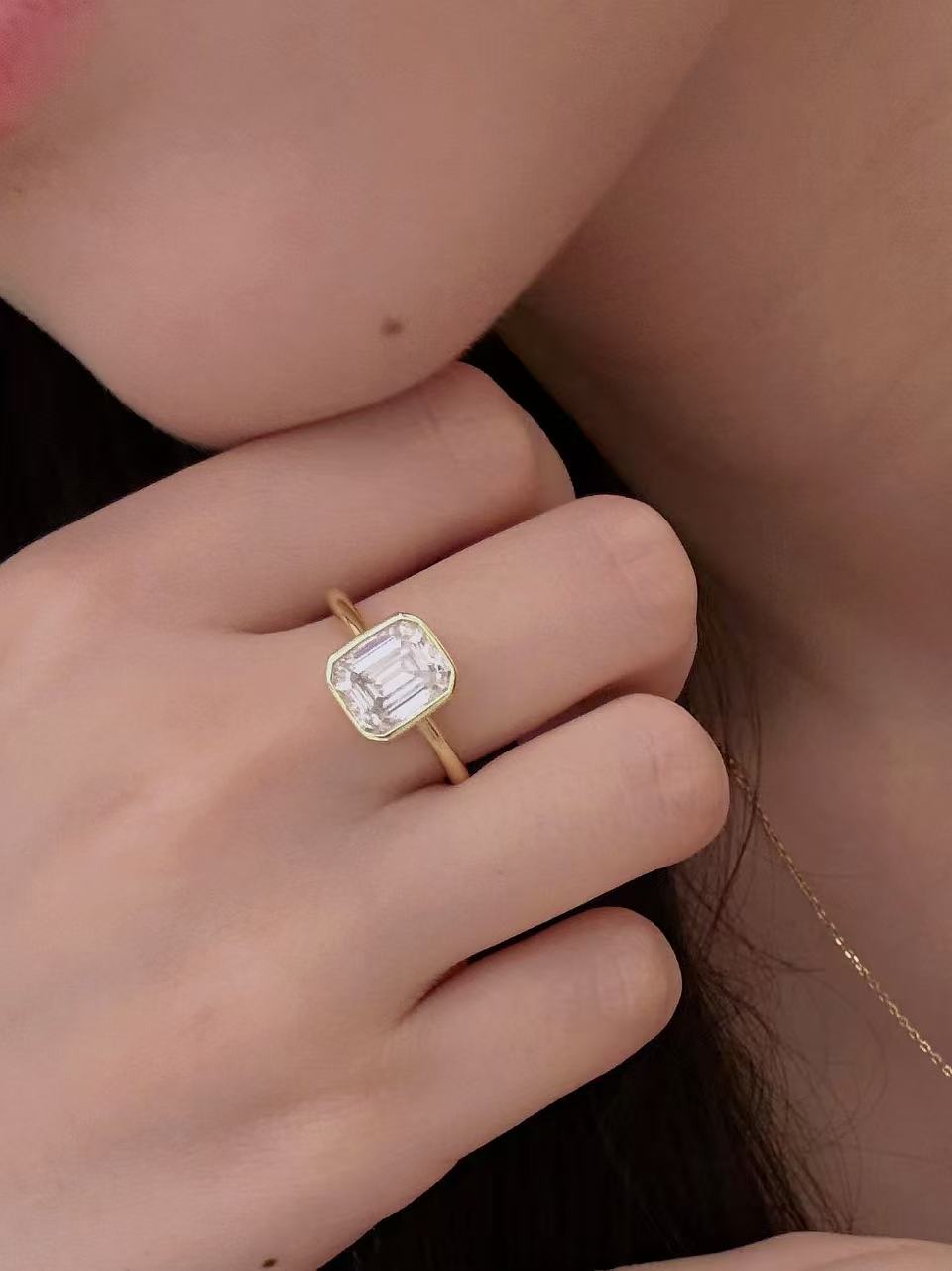 24 Hours 3ct Bezel Set Emerald Cut Moissanite Solitaire Ring