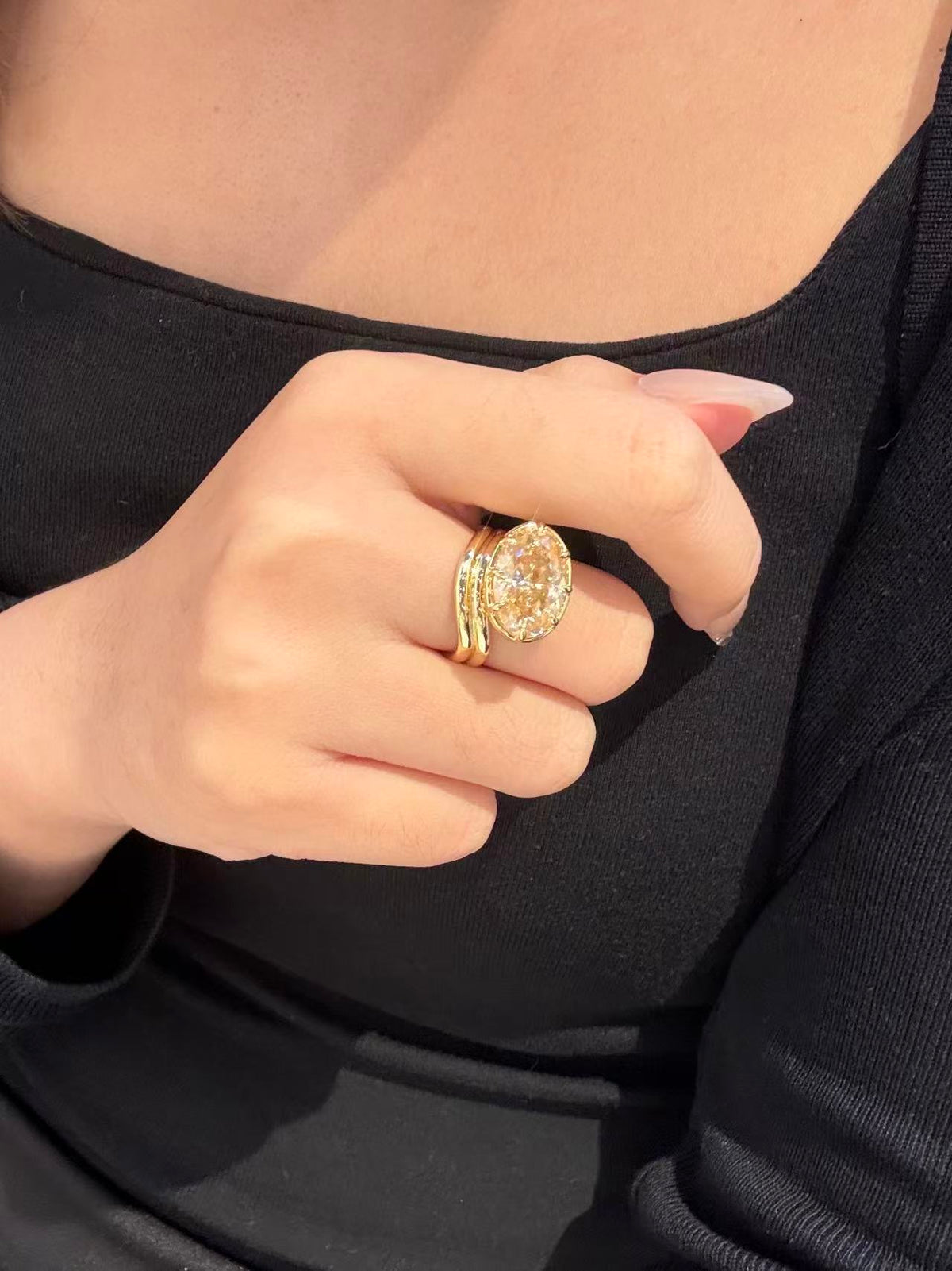 Archive Oval Cut Claw Set Champagne Moissanite Solitaire Double Band Wave Ring 8ct