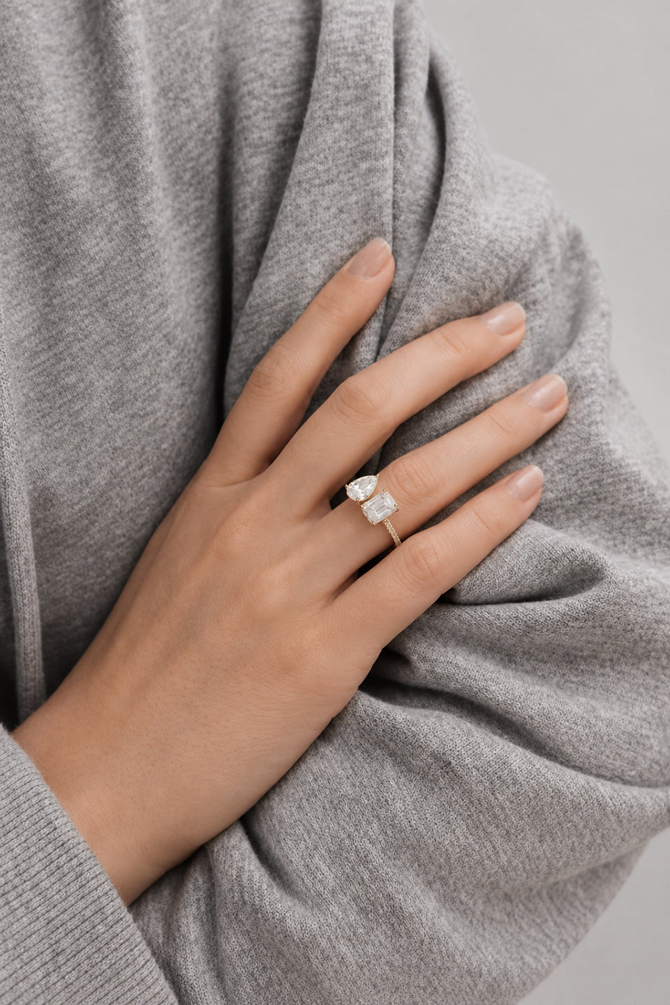 24 Hours 3.7ct Toi & Moi Emerald Cut and Pear Cut Ring