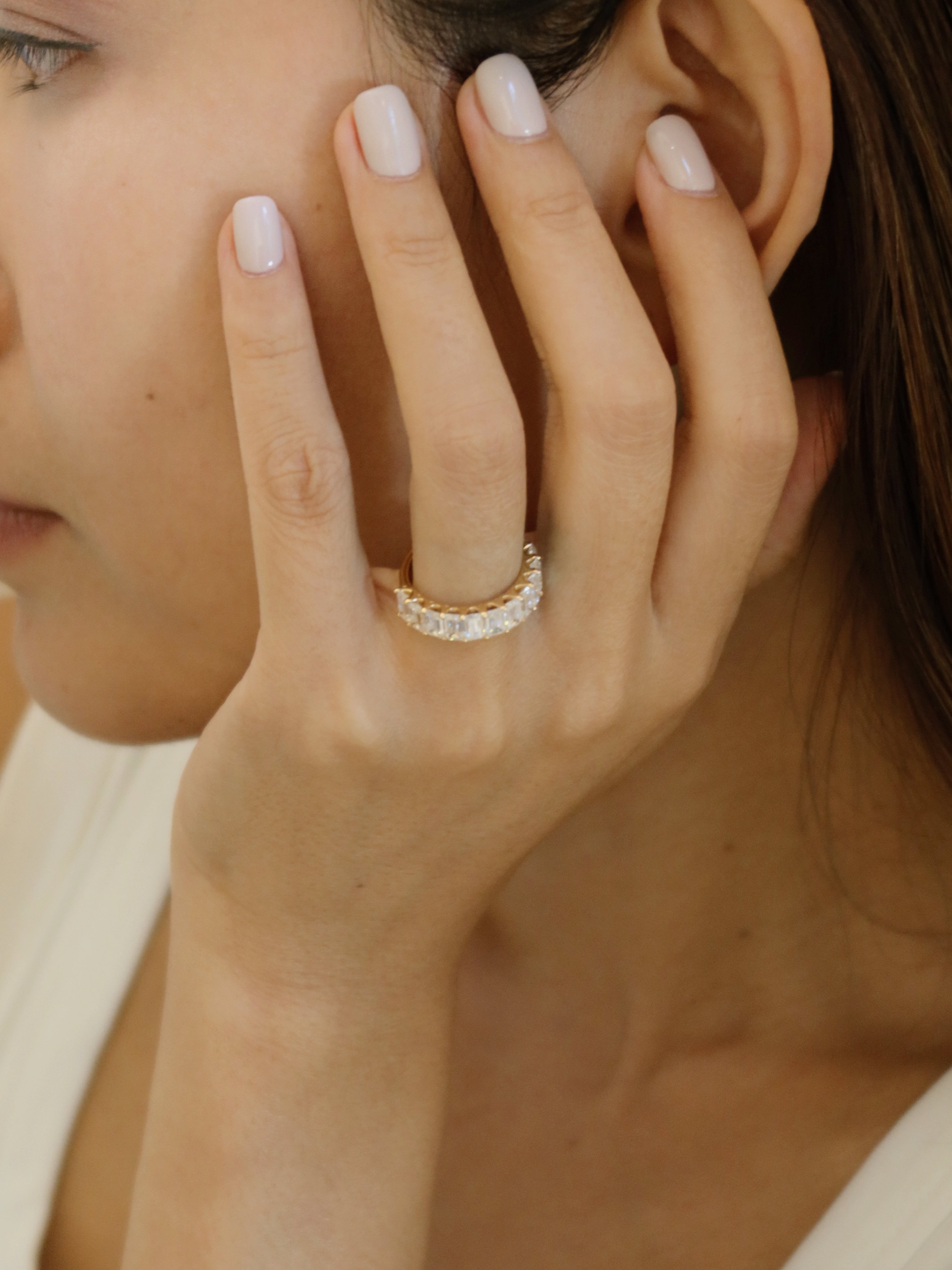24 Hours Emerald Cut Claw Set Moissanite Semi Eternity Ring 6ct
