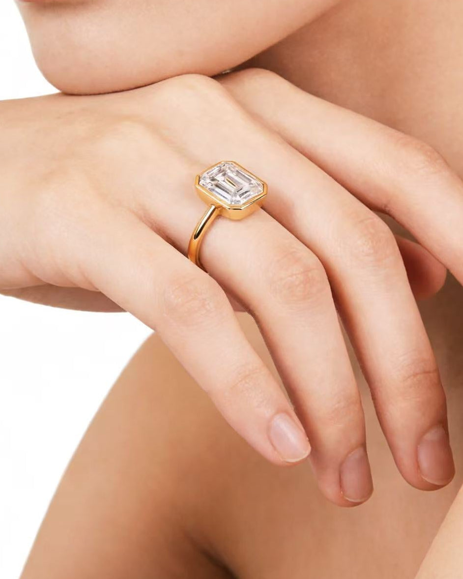 24 Hours Bubble Emerald Cut Moissanite Solitaire Ring 3ct